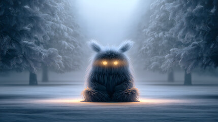 A glowing-eyed, fluffy creature sits serenely in a frosty pine forest with snow-covered ground and trees, bathed in soft blue twilight.
