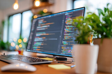 Minimalist desk setup featuring a computer coding at a modern workspace with plants