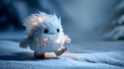 A small, glowing-spiked fluffy creature walks joyfully across a snowy landscape at twilight, exuding charm and warmth despite the cold.