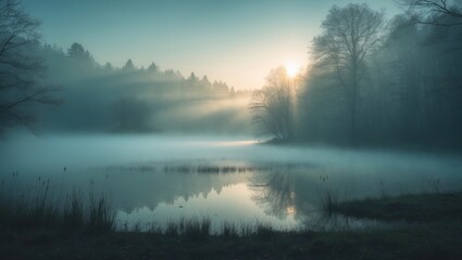 Fototapeta premium Morning mist over the river at dawn with trees and reflection. Serene and tranquil scene. Nature landscape and peaceful atmosphere. The image of calm and quiet nature.