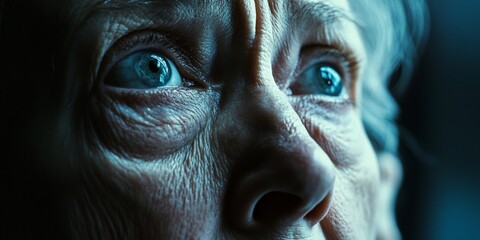 Elderly female with wrinkles around eyes, crying gently.