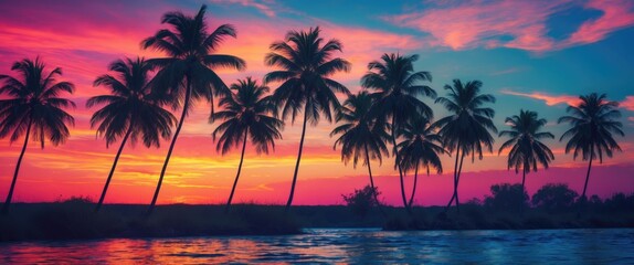 Tropical sunset with palm trees and vibrant sky over a water body. Scenic view of nature and coastline.