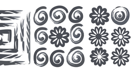 Illustration of brush stroke designs including spirals flowers and geometric shapes in gray color palette