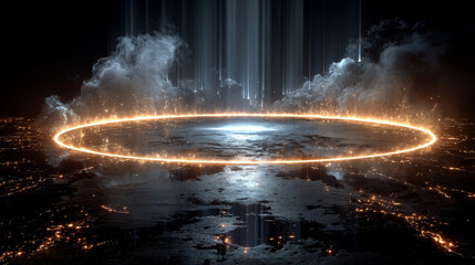 White neon game portal with smoke and glow effect. Realistic vector illustration set of magic teleport podium with beams and steam for gui concept. Futuristic cyberpunk round port with ray and fog.