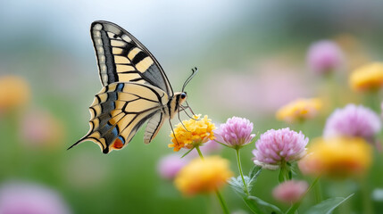 Fototapeta premium Swallowtail butterfly in flight over vibrant blooming meadow