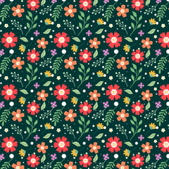 Seamless Floral Pattern with Pink Roses, Green Leaves and White Flowers on Dark Green Background Elegant Botanical Vintage Style for Fabric, Wallpaper, Gift Wrap, and Textile Design