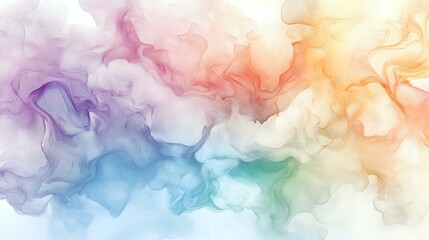 Fototapeta premium Ethereal watercolor smoke effect in pastel rainbow colors flowing across white background, creating dreamy abstract art pattern for creative design projects.