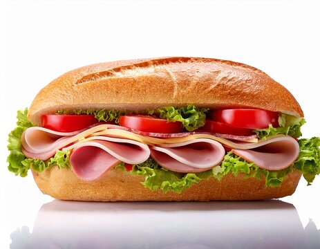 classic submarine sandwich with ham cheese lettuce and tomatoes isolated on white background