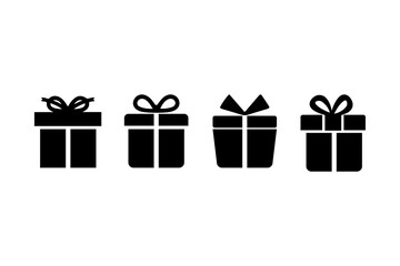 Black Gift Box Icons Set – Minimalist Present Symbol Collection with Ribbon