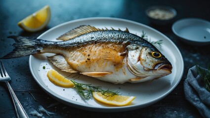 Fresh fish on a plate with lemon wedges and herbs, ready to be cooked or served.