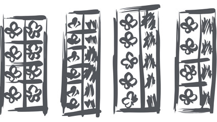 Four abstract brushstroke style illustrations with floral and linear patterns in black and white tones