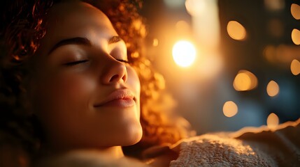 Fototapeta premium Young African American woman with curly hair relaxing with eyes closed in warm evening light, expressing serenity and peace against blurred bokeh background.