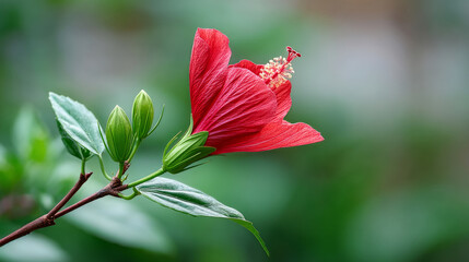 Vibrant red hibiscus bloom with buds and green leaves in focus