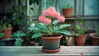 Potted pink flowering plant in a garden setting with other potted plants in the background.