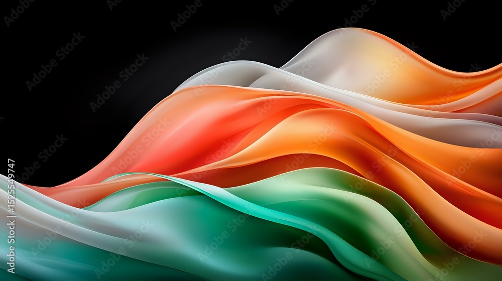 Poster smooth flowing waves in orange, white and turquoise colors on black background create dynamic abstra