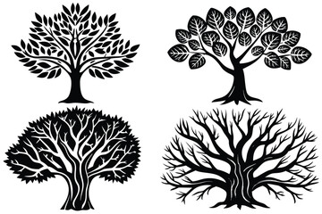 Elegant Black and White Tree Silhouettes Nature Illustrations for Design Projects