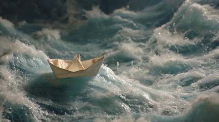 A miniature paper boat, crafted from fragile paper, valiantly navigates the turbulent waters of a raging sea, its fate hanging precariously in the balance of the storm. .