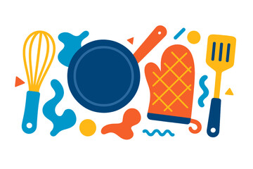 An abstract collage of a whisk, frying pan, oven mitt, and spatula represents a modern culinary theme in this vector illustration suitable for artwork, decor, social media, and banners