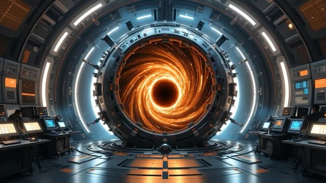 A futuristic laboratory with a glowing, swirling portal or wormhole at its center, surrounded by advanced technology and control panels.