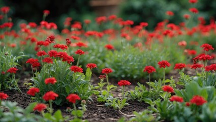 Bright red flowers in a garden with lush green foliage and dark soil.