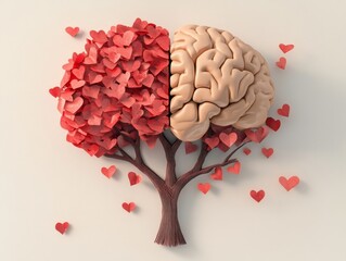 Concept of brain and heart in unity, symbolizing the balance of mental and emotional health. Illustration with red leaves and hearts.