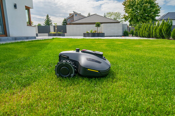 Robotic lawn mower cutting the grass