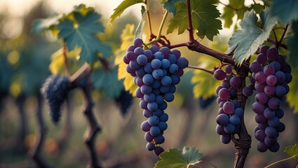 Fototapeta premium Grape cluster on vine in vineyard during daytime, ripe fruit, agriculture, and harvest. The concept of viticulture and wine production.