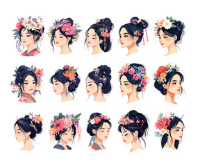 Asian woman avatars floral hair various angles cartoon vector set. Portraits female flowers china japan chic elegance cultural beauty blossoms romantic charm kimono character, isolated on white