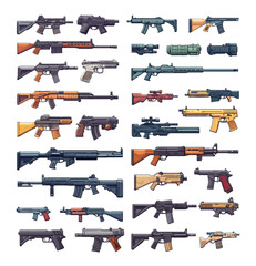 Assault rifles cartoon vector set. Smg military firearms tactical weapons combat gear guns range shooting automatic soldier equipment army gunmetal gray ammo warfare special forces sniper scope