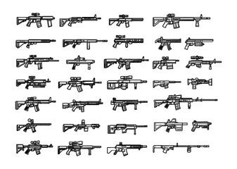 Assault rifles linear vector set. Firearms tactical weapons military automatic steel ballistic fire gun range firepower shooting combat gear magazine ready clips sniper scopes isolated