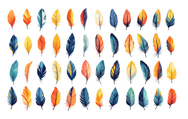 Bird feathers cartoon vector set. Wing plumage details iridescent peacock floating quills owl eagle organic shapes free spirit avian elegance isolated illustration on white background