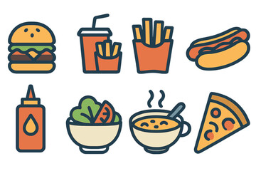 Flat line icons for fast food items such as burgers, combo meals, fries, hot dogs, condiments, salads, soups, and pizzas are offered as vector illustrations suitable for restaurant menus, featuring
