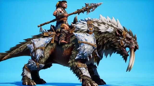 Armored Saber-Toothed Cat And Tribal Warrior