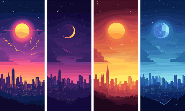 Cityscapes day night sunset cartoon vector scenes. Urban moon sun skyline buildings megapolis, glowing city daybreak tranquility twilight metropolitan vibe reflective streets day part landscape
