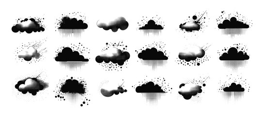 Clouds with distortion black ink vector set. Sky fluid puffs motion soft swirls digital atmosphere trippy effect vaporwave style surrealism hazy glow cosmic flowing forms, monochrome isolated art