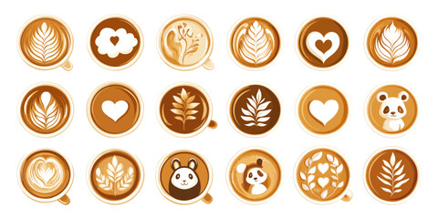Coffee cups creamy foam latte art cartoon vector set. Heart bear panda shapes leaf swirl patterns rosette cappuccino sketches steamed milk artistic toppings rustic caffeine beans brew mugs isolated