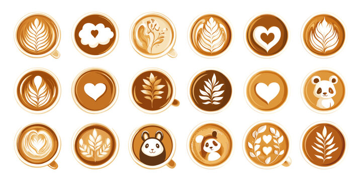 Coffee cups creamy foam latte art cartoon vector set. Heart bear panda shapes leaf swirl patterns rosette cappuccino sketches steamed milk artistic toppings rustic caffeine beans brew mugs isolated