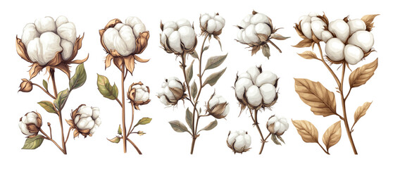 Cotton plants cartoon vector set. White fluffy balls green leaves agricultural field natural fibers farming organic harvest season soft texture rural textile fabric handpicked isolated flowers