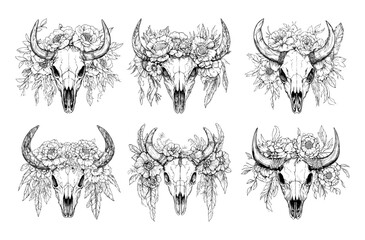 Cow skull floral arrangement black ink sketch vector set. Bull bone horns boho dried flowers southwestern wild blossoms natural cattle remain head earthy western symbol, isolated on white background
