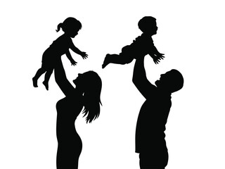 Silhouette of father and mother lifting baby, happy family moment