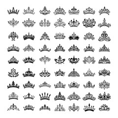 Crowns diadem black silhouettes vector set. Regal monarch sovereign noble majesty prince king princess queen ruler circlet lord empress highness coronet duchess symbols, isolated illustrations
