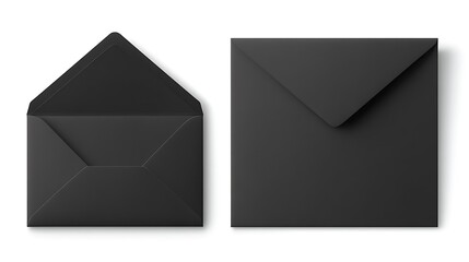 A sleek black envelope accompanied by a blank mail card mockup. Realistic vector illustration of a modern empty postcard template, isolated on a white background .