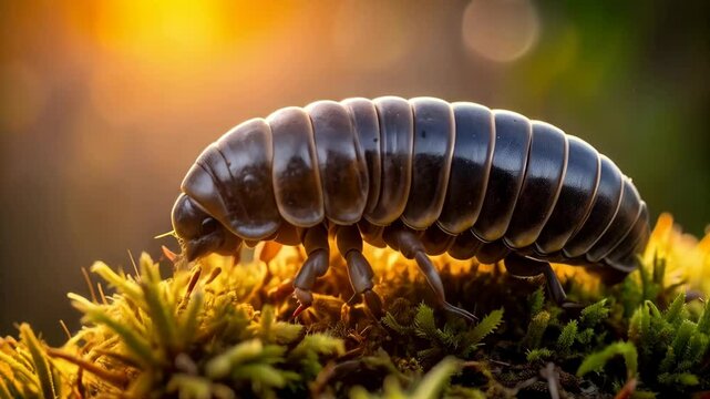 Closeup of a pill bug, woodlouse or roly poly insect crawling across green moss in golden sunlight. Details of the segmented body and legs of the arthropod.