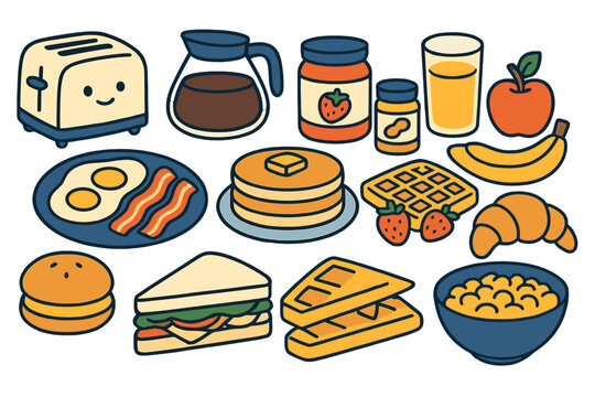 A cartoon breakfast food collection featuring a toaster, coffee pot, jam, peanut butter, fried eggs and bacon, pancakes, waffles, cornflakes, sandwich, bun, croissant, fruits, and juice, all