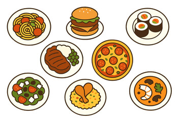 The vector illustration presents a top view of assorted cooked dishes on plates, highlighting the theme of food service and cooking, with a compilation of icons representing traditional cuisine from