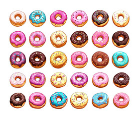 Donuts cartoon vector set. Sweet treats glaze icing sprinkles sugarcoated pastries dessert bakery fresh fluffy dough chocolate topping strawberry cream vanilla caramel delicious snack isolated