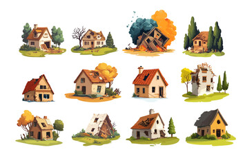 Earthquake destroyed houses cartoon vector set. Cracked walls rubble broken roofs dust clouds debris damage collapsed buildings, disaster zone urban destruction natural catastrophe wreckage piles