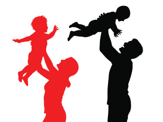 silhouette of father and mother playing lifting their son in the air, concept of family joy