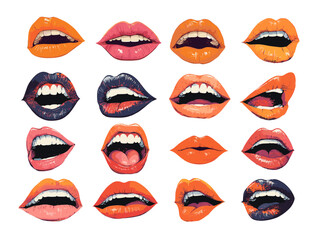 Expressive mouths lips cartoon vector set. Emotional sensual curves lipstick biting lower lip glossy shine open smile whispering secrets humanity teeth passionate illustrations isolated on white
