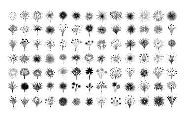 Fireworks explosions night sky black vector set. Celebrations sparkling lights festive atmosphere sparks new year dazzling pyrotechnic bursting rockets glittering trails illustrations isolated